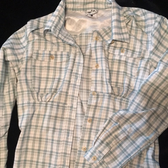 Womens Rugged Exposure vented long sleeve button down top large green and white - Picture 2 of 12